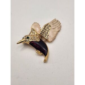 Gold Tone Purple Enamel Rhinestone Hummingbird Trembler Brooch Pin Bird